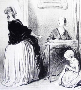 Caricature d'une "Bas-bleus" par Daumier. Texte accompagnant l'image : "Ah! ma chère, quelle singulière éducation vous donnez à votre fille?. mais à douze ans, moi, j'avais déjà écrit un roman en deux volumes... et même une fois terminé, ma mère m'avait défendu de le lire, tellement elle le trouvé avancé pour mon âge."